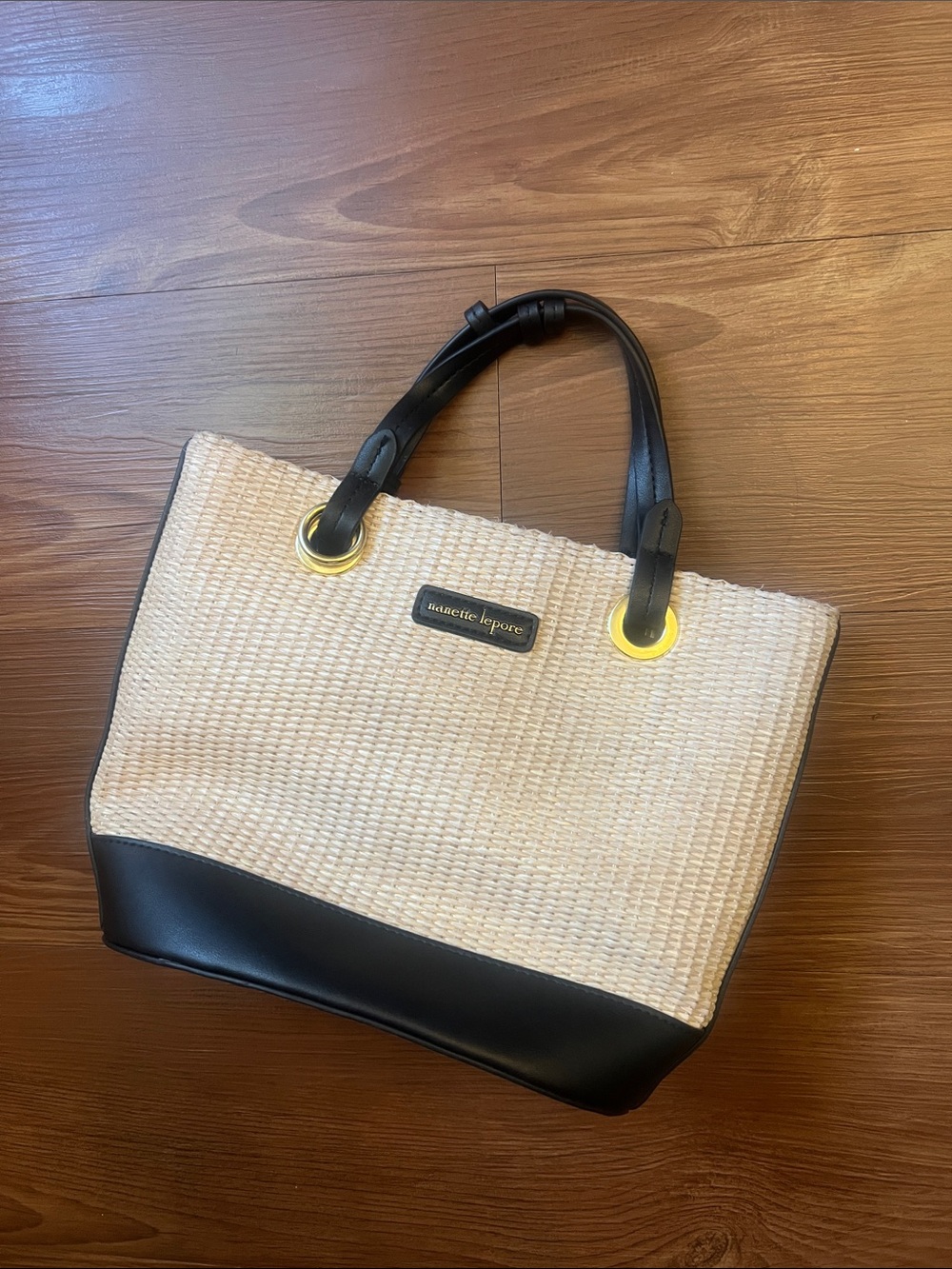 Nanette Lepore Beige and Black Straw Tote with Gold Rings